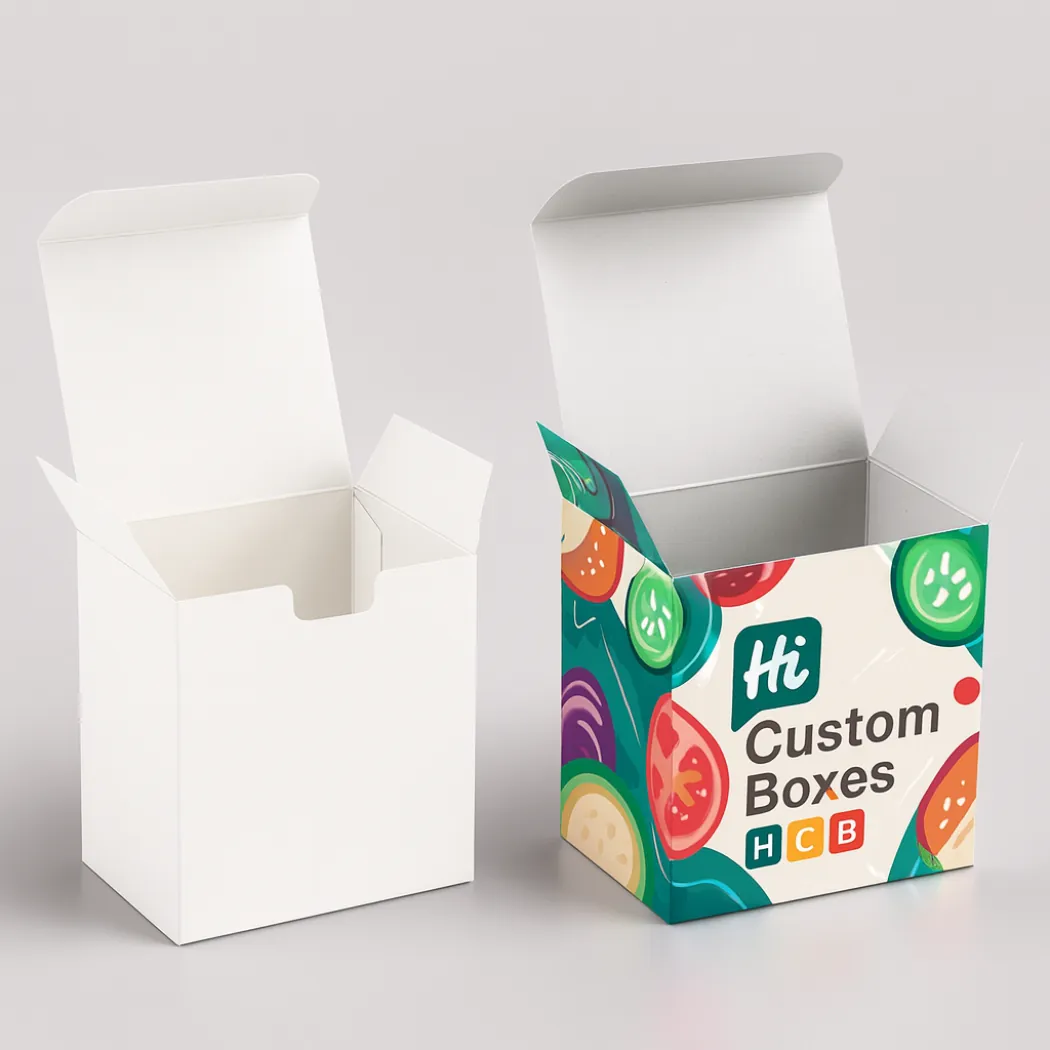 Two open cardboard food boxes- one plain white and one featuring vibrant vegetable-themed branding- class=